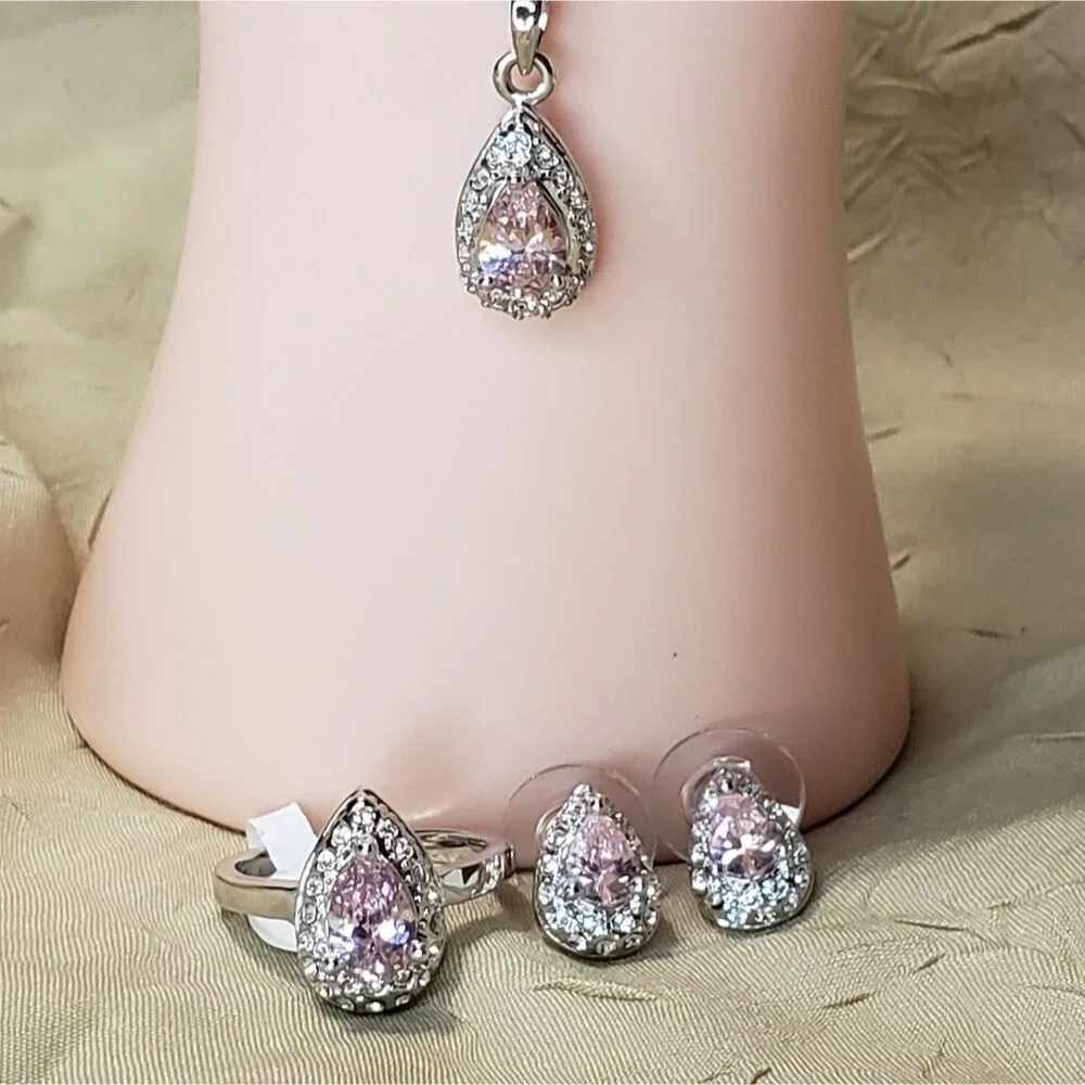 Pink sapphire and CZ pear shaped necklace, earrings and Ring, NEW